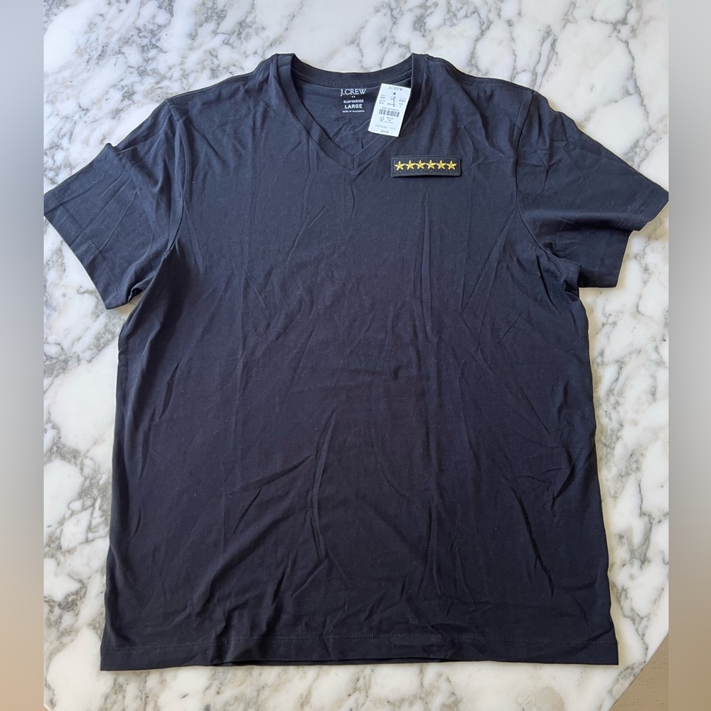 NWT J crew Washed jersey V-neck tee box cutter slice cover w military patch